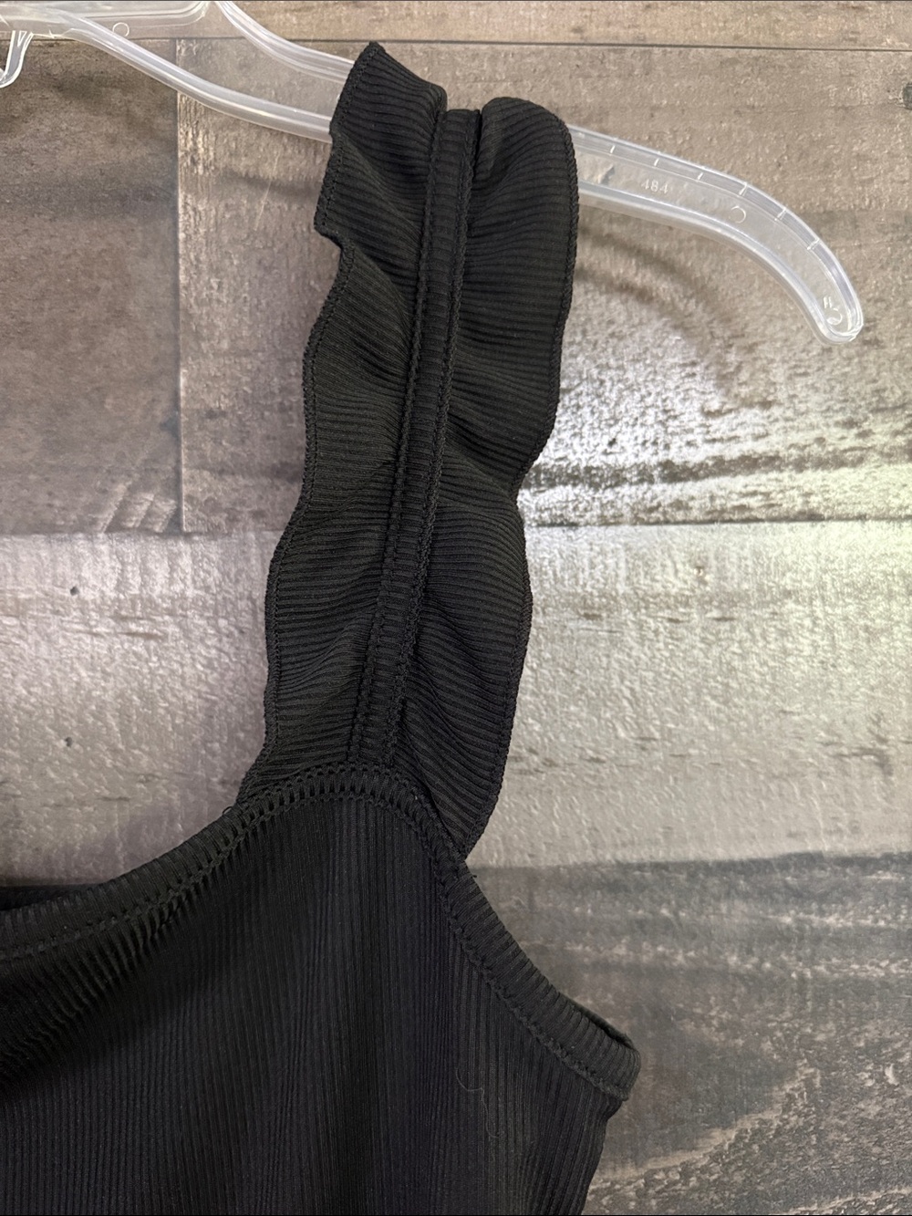 Black Ribbed Tank with Ruffle Straps - Picture 3 of 4